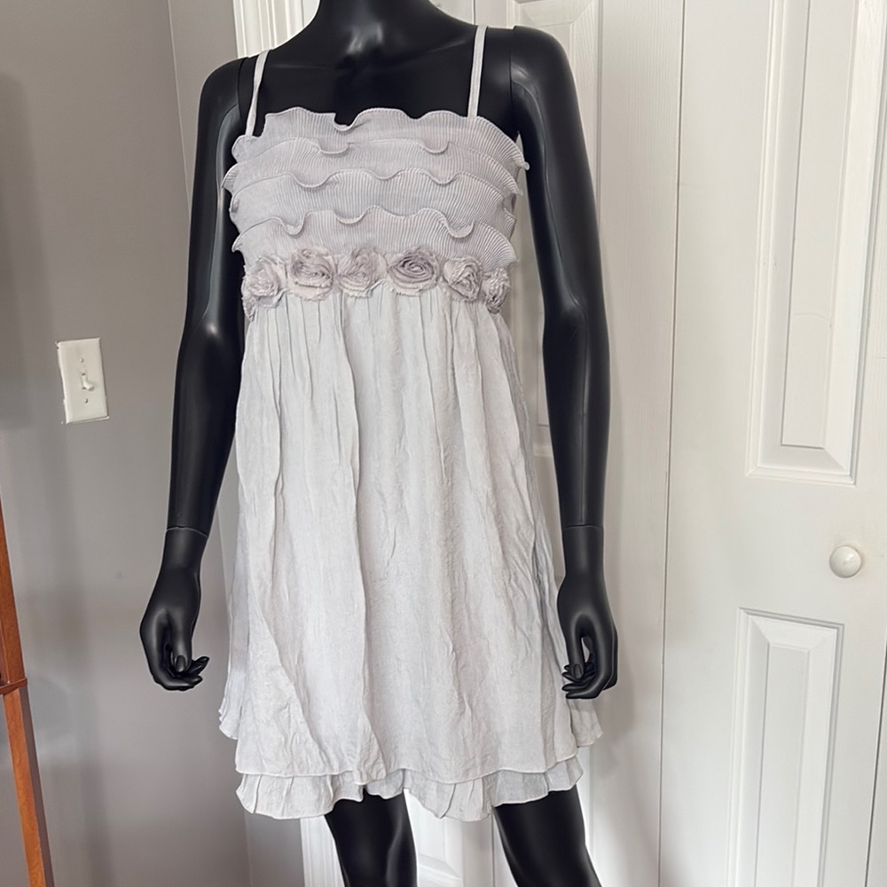 Light Silver/Gray Ruffled Dress with Floral Accents